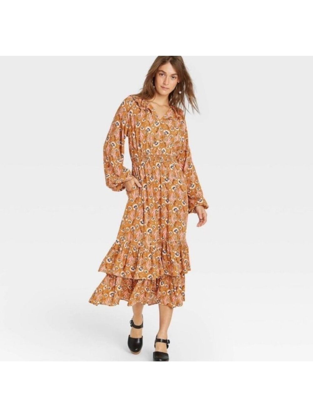 Casual Prairie Bohoโ Midi Long Dress Mustard Yellow Smocked Waist Ruffle Medium